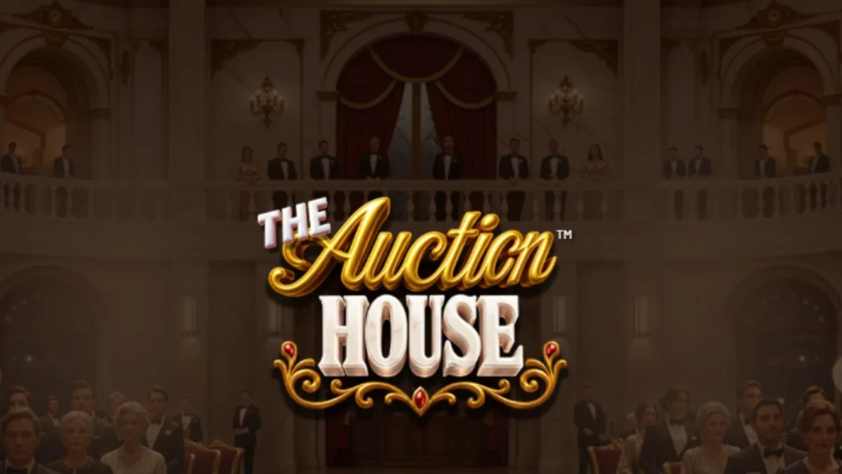 Interface luxuosa do caça-níqueis The Auction House com elementos dourados e joias.