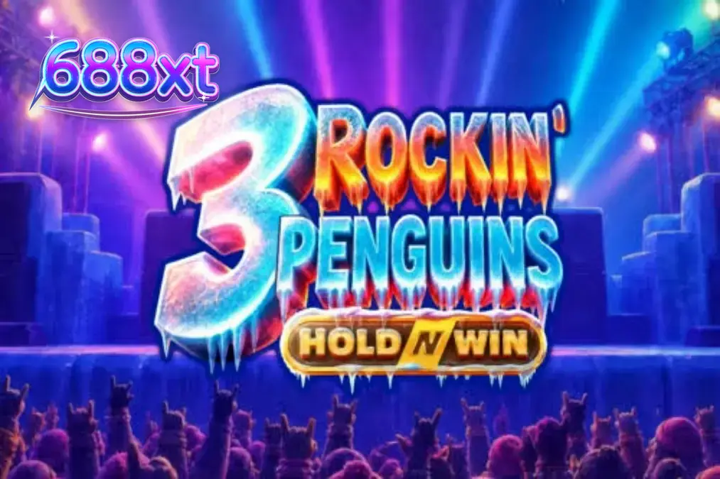 Três pinguins roqueiros em um palco de gelo no slot 3 Rockin’ Penguins